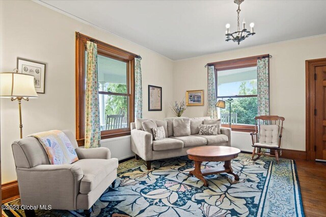 284 Edgemont Rd, Moriah, NY 12960 - living area featuring dark wood-style flooring, a chandelier, crown molding, and radiator