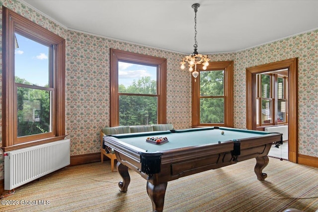 284 Edgemont Rd, Moriah, NY 12960 - recreation room featuring radiator, plenty of natural light, billiards table, wallpapered walls, and crown molding