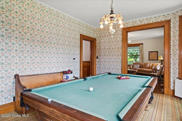 284 Edgemont Rd, Moriah, NY 12960 - recreation room with wallpapered walls, billiards, a chandelier, and ornamental molding