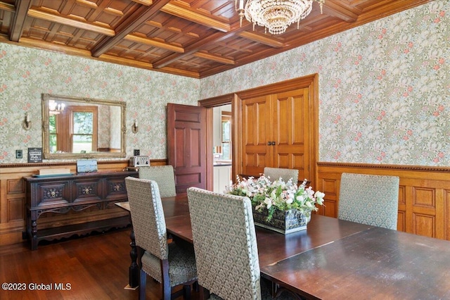 284 Edgemont Rd, Moriah, NY 12960 - dining space featuring wallpapered walls, a chandelier, wood finished floors, coffered ceiling, and crown molding