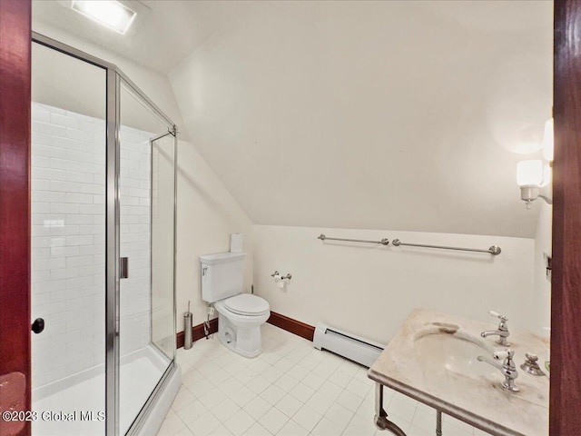 284 Edgemont Rd, Moriah, NY 12960 - bathroom with a baseboard radiator, lofted ceiling, a shower stall, and tile patterned floors
