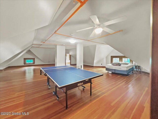 284 Edgemont Rd, Moriah, NY 12960 - game room with lofted ceiling, wood finished floors, and ceiling fan