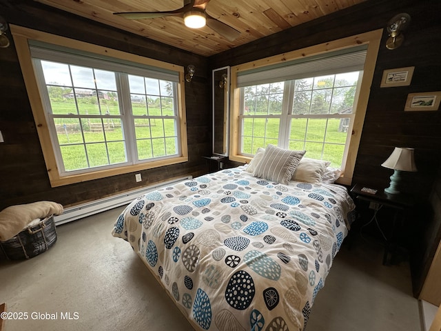 284 Edgemont Rd, Moriah, NY 12960 - bedroom with wooden walls, baseboard heating, wooden ceiling, and ceiling fan