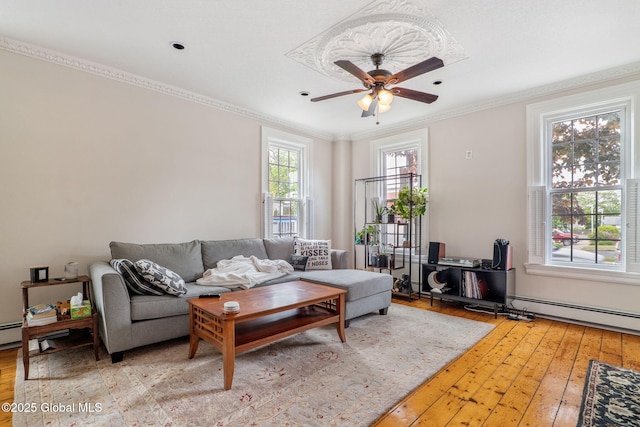 462-470 2nd Ave, Troy, NY 12182 - living room with light wood finished floors, a ceiling fan, ornamental molding, and a baseboard heating unit