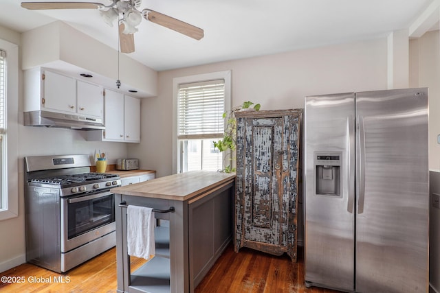 462-470 2nd Ave, Troy, NY 12182 - kitchen with stainless steel appliances, under cabinet range hood, wood counters, light wood-style flooring, and a ceiling fan