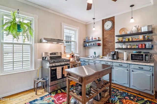 462-470 2nd Ave, Troy, NY 12182 - kitchen with appliances with stainless steel finishes, open shelves, range hood, light wood-type flooring, and ornamental molding