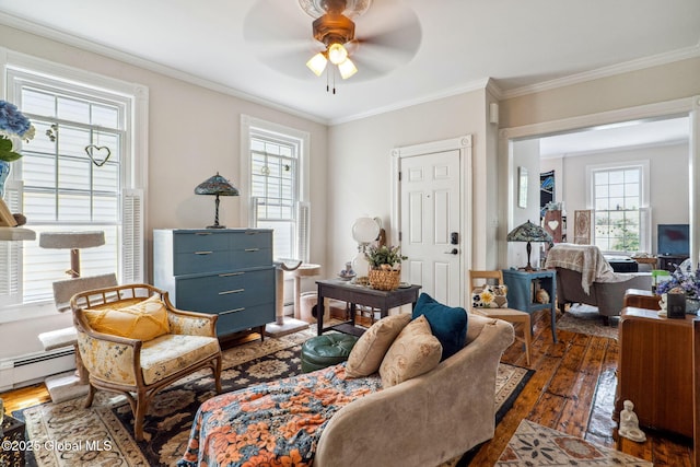 462-470 2nd Ave, Troy, NY 12182 - living room with dark wood finished floors, plenty of natural light, ceiling fan, crown molding, and a baseboard heating unit