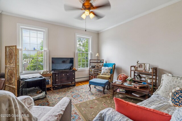 462-470 2nd Ave, Troy, NY 12182 - living area with a baseboard heating unit, wood finished floors, ceiling fan, and ornamental molding