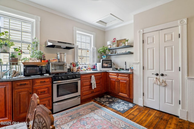 462-470 2nd Ave, Troy, NY 12182 - kitchen featuring stainless steel gas stove, custom exhaust hood, black microwave, open shelves, and dark wood-type flooring