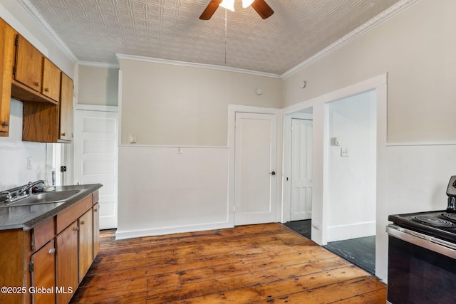462-470 2nd Ave, Troy, NY 12182 - kitchen featuring range with electric stovetop, dark wood-style floors, an ornate ceiling, a ceiling fan, and dark countertops