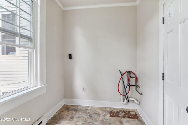 462-470 2nd Ave, Troy, NY 12182 - laundry room featuring hookup for a washing machine, stone finish flooring, plenty of natural light, ornamental molding, and baseboard heating
