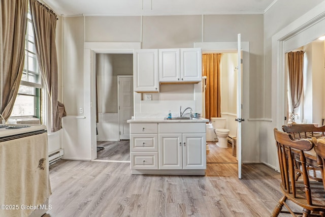 462-470 2nd Ave, Troy, NY 12182 - kitchen featuring a baseboard heating unit, light countertops, white cabinets, light wood-style floors, and crown molding