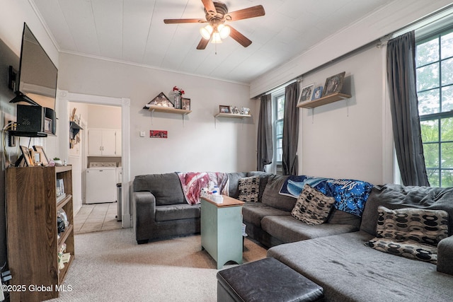 462-470 2nd Ave, Troy, NY 12182 - living area with ceiling fan, crown molding, separate washer and dryer, and light carpet