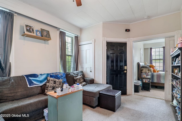 462-470 2nd Ave, Troy, NY 12182 - living room with carpet floors, crown molding, and a ceiling fan