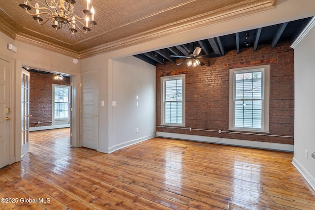 462-470 2nd Ave, Troy, NY 12182 - unfurnished room featuring brick wall, a chandelier, plenty of natural light, baseboard heating, and hardwood / wood-style flooring