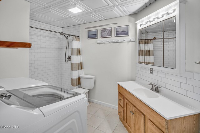 108 La Flamme Rd, Providence, NY 12850 - full bath featuring vanity, decorative backsplash, tile patterned flooring, an ornate ceiling, and independent washer and dryer