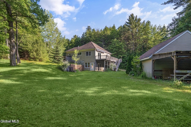 108 La Flamme Rd, Providence, NY 12850 - view of green lawn with a deck, a view of trees, and stairs