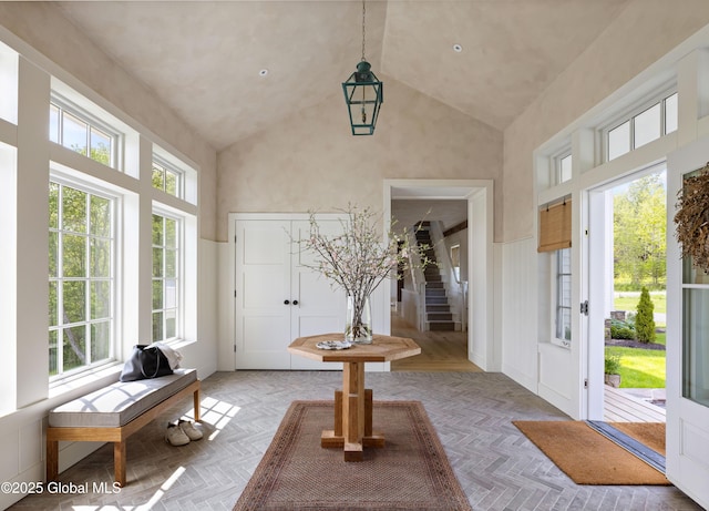 1174 Potter Mountain Rd, Gilboa, NY 12076 - foyer with high vaulted ceiling, healthy amount of natural light, and stairway