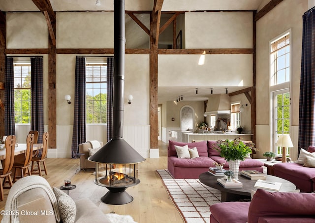 1174 Potter Mountain Rd, Gilboa, NY 12076 - living area featuring a wood stove, wainscoting, a high ceiling, wood-type flooring, and beamed ceiling
