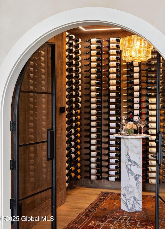 1174 Potter Mountain Rd, Gilboa, NY 12076 - wine room featuring wood finished floors and arched walkways