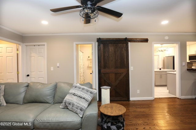 143 Maple Ave, Middleburgh, NY 12122 - living area featuring a barn door, crown molding, a ceiling fan, wood finished floors, and recessed lighting