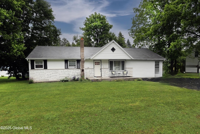 143 Maple Ave, Middleburgh, NY 12122 - ranch-style house with covered porch, a front yard, stone siding, and a chimney