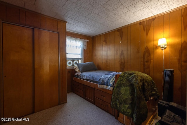 54 Wendell St, Ravena, NY 12143 - bedroom featuring light colored carpet, wooden walls, and a closet
