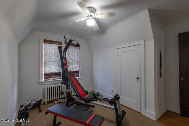 54 Wendell St, Ravena, NY 12143 - workout area featuring radiator heating unit, ceiling fan, and lofted ceiling