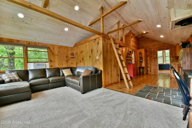 23 S Copeland Pond Way, Fort Ann, NY 12827 - living room featuring a wooden ceiling with exposed beams, wood walls, cooling unit, recessed lighting, and stairway