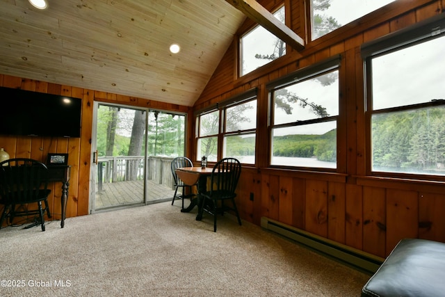 23 S Copeland Pond Way, Fort Ann, NY 12827 - sunroom / solarium featuring baseboard heating, wood walls, healthy amount of natural light, carpet, and vaulted ceiling