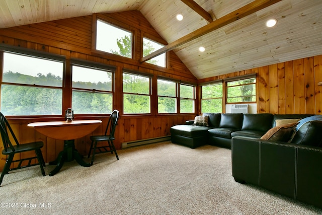 23 S Copeland Pond Way, Fort Ann, NY 12827 - living area featuring vaulted ceiling, baseboard heating, wood walls, carpet, and cooling unit