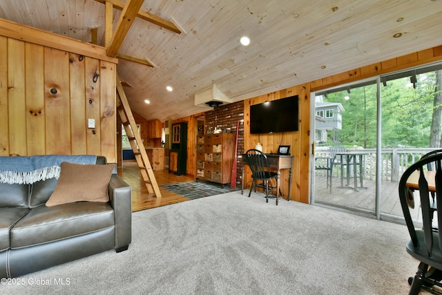 23 S Copeland Pond Way, Fort Ann, NY 12827 - living room with wooden ceiling, wooden walls, lofted ceiling, recessed lighting, and carpet floors