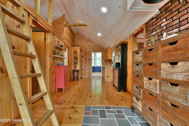 23 S Copeland Pond Way, Fort Ann, NY 12827 - hallway with wood ceiling, vaulted ceiling, recessed lighting, wooden walls, and wood finished floors