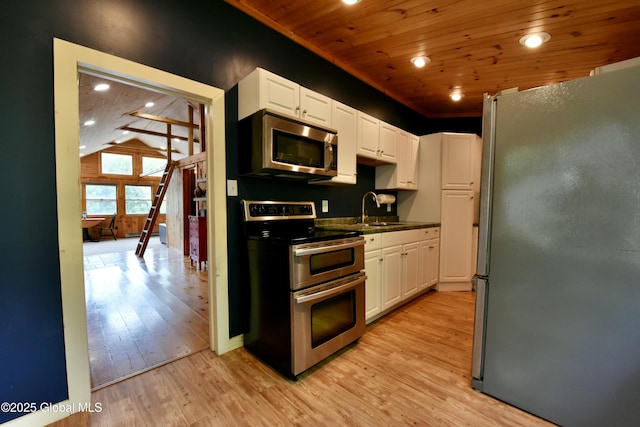 23 S Copeland Pond Way, Fort Ann, NY 12827 - kitchen with appliances with stainless steel finishes, wooden ceiling, light wood-style flooring, white cabinetry, and recessed lighting
