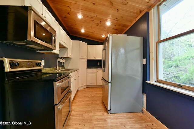 23 S Copeland Pond Way, Fort Ann, NY 12827 - kitchen featuring stainless steel appliances, wooden ceiling, light wood finished floors, white cabinets, and lofted ceiling