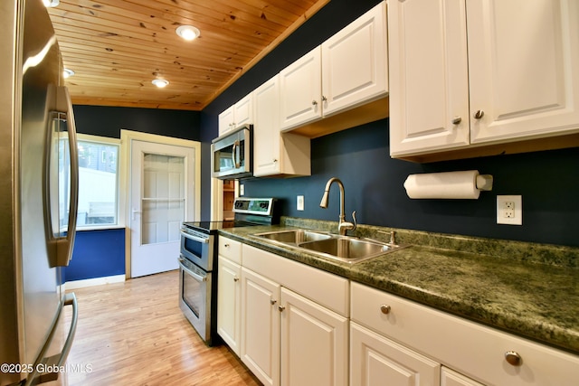 23 S Copeland Pond Way, Fort Ann, NY 12827 - kitchen featuring appliances with stainless steel finishes, wood ceiling, white cabinetry, light wood finished floors, and dark countertops