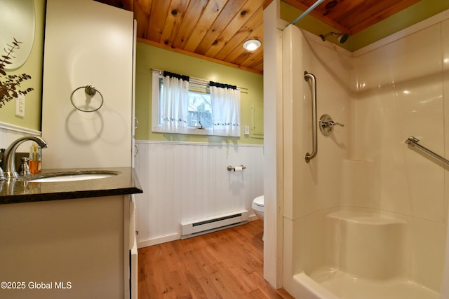 23 S Copeland Pond Way, Fort Ann, NY 12827 - full bathroom with a baseboard heating unit, vanity, a wainscoted wall, wood finished floors, and wood ceiling