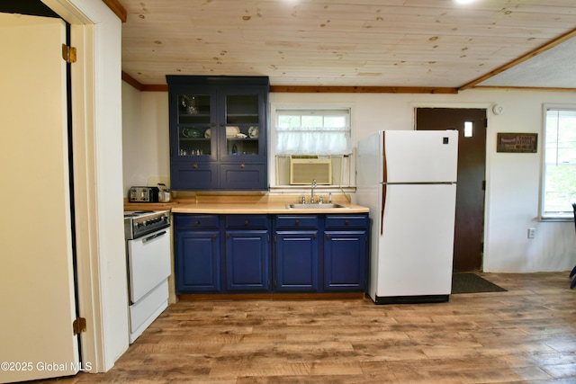 23 S Copeland Pond Way, Fort Ann, NY 12827 - kitchen with white appliances, blue cabinets, wooden ceiling, light wood-style flooring, and healthy amount of natural light