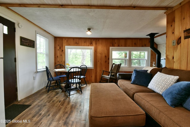 23 S Copeland Pond Way, Fort Ann, NY 12827 - living room featuring healthy amount of natural light, a wood stove, wood-type flooring, wood walls, and beam ceiling