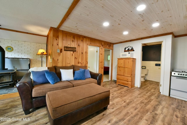 23 S Copeland Pond Way, Fort Ann, NY 12827 - living room with a wood stove, ornamental molding, wood walls, recessed lighting, and wood finished floors