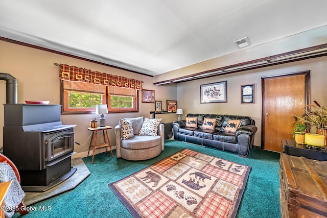 2 Moonglow Rd, Wilton, NY 12831 - living area featuring a wood stove and carpet