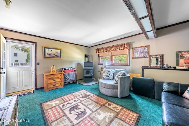 2 Moonglow Rd, Wilton, NY 12831 - carpeted living room with a wood stove and crown molding