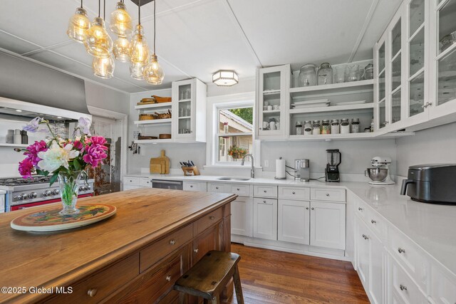 378 County Route 354, Rensselaerville, NY 12469 - kitchen with open shelves, white cabinetry, hanging light fixtures, and butcher block counters