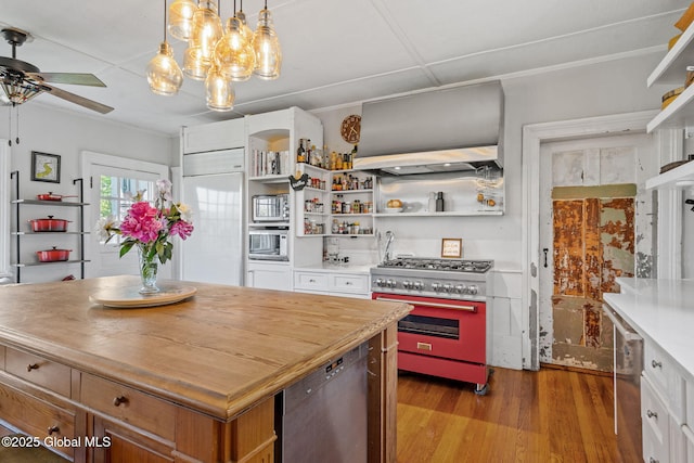 378 County Route 354, Rensselaerville, NY 12469 - kitchen with built in appliances, open shelves, custom exhaust hood, wood finished floors, and ceiling fan