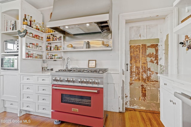 378 County Route 354, Rensselaerville, NY 12469 - kitchen featuring high end stove, custom range hood, light wood-style floors, white cabinets, and open shelves