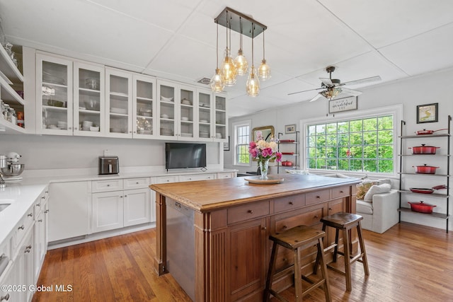 378 County Route 354, Rensselaerville, NY 12469 - kitchen with light wood-style flooring, ceiling fan, dishwasher, and a kitchen island
