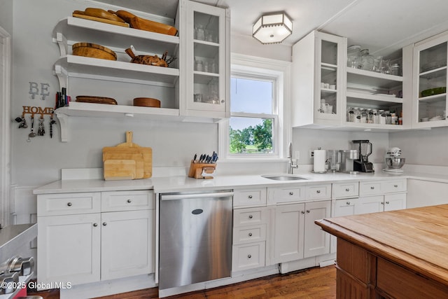 378 County Route 354, Rensselaerville, NY 12469 - kitchen featuring stainless steel dishwasher, open shelves, light countertops, and white cabinets
