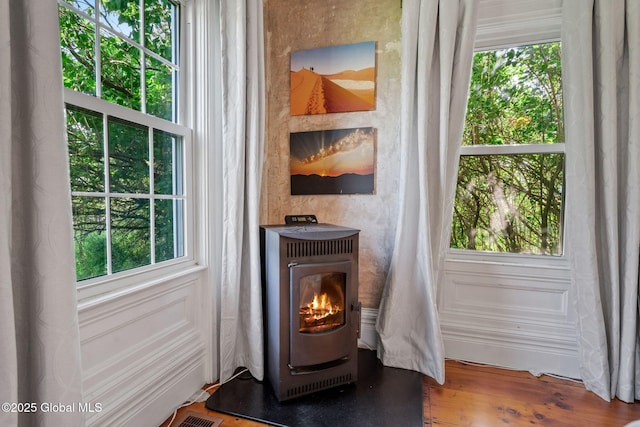 378 County Route 354, Rensselaerville, NY 12469 - detailed view of a wood stove, heating unit, and wood finished floors