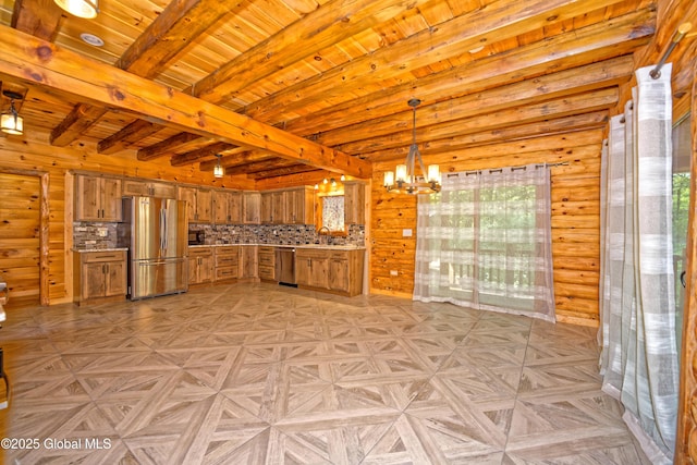 236 Colfax Rd, Jackson, NY 12816 - kitchen featuring stainless steel appliances, brown cabinets, a chandelier, light countertops, and a wooden ceiling with exposed beams