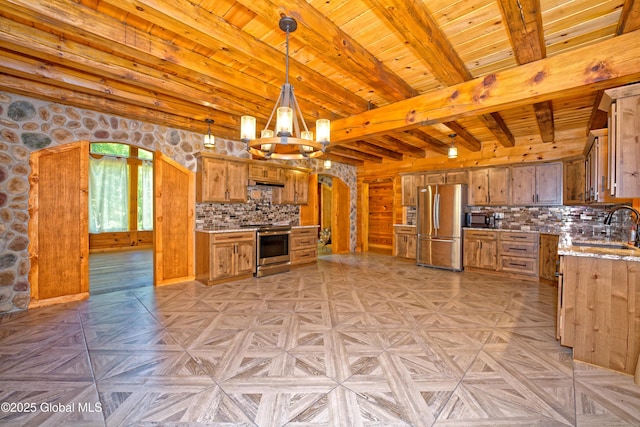 236 Colfax Rd, Jackson, NY 12816 - kitchen featuring stainless steel appliances, a chandelier, backsplash, light stone countertops, and a wood ceiling with exposed beams